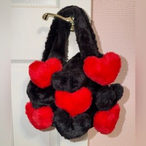 Fluffy puffy heart mini handbag purse red/black furry NEW so adorable